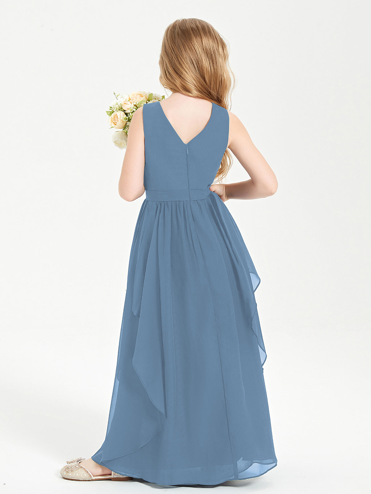Boho Sleeveless Junior Chiffon Bridesmaids Gown Slate Blue